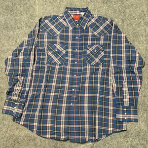 Vintage 90s Plains Western Wear Pearl Snap Shirt XL Blue Red Plaid Cowboy